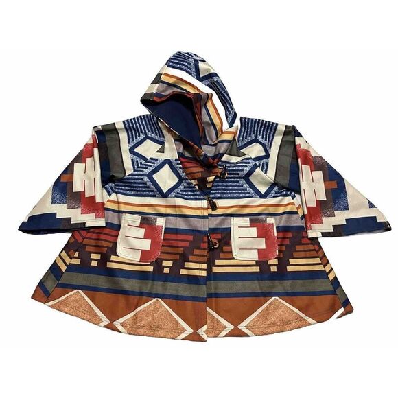 AZTEC PRINT ￼ Womens Hooded Poncho Coat Lined Horn Buttons Closure 3XL Warm - Picture 1 of 15